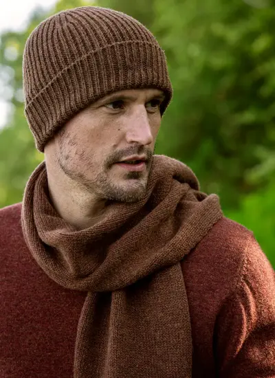 Personalized wool cashmere beanie in chestnut brown, ribbed knit style, made in Ireland, paired with matching scarf